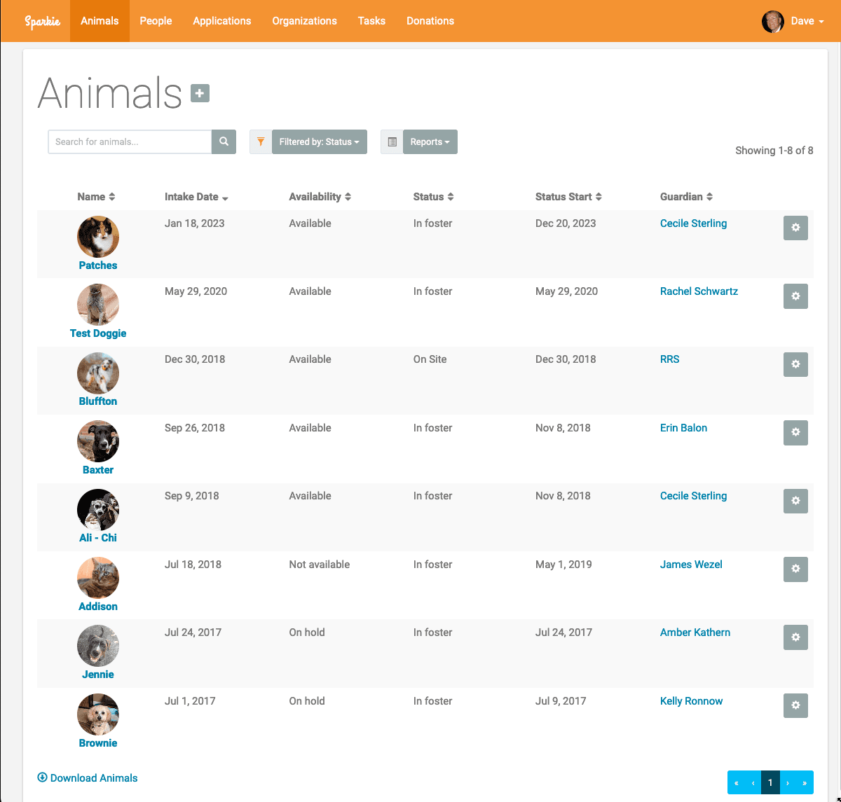 Animal list interface showing location tracking