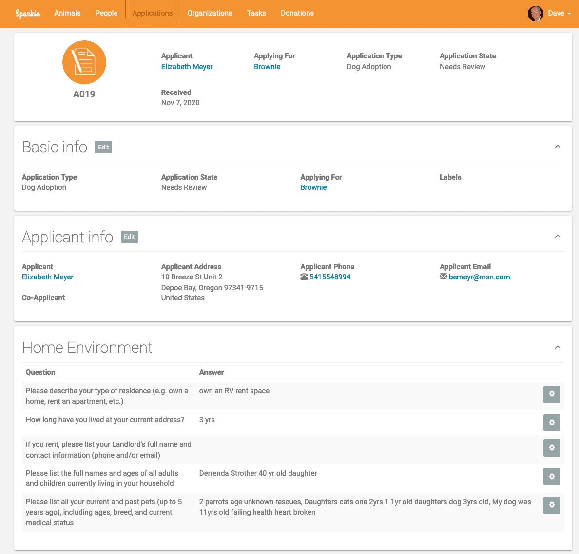 Application details showing adoption matching features