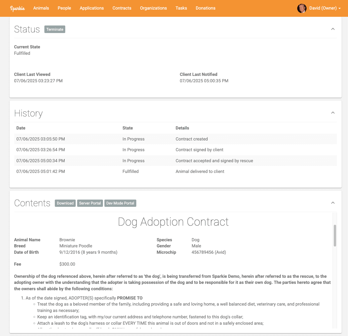 Contract management interface with electronic signatures